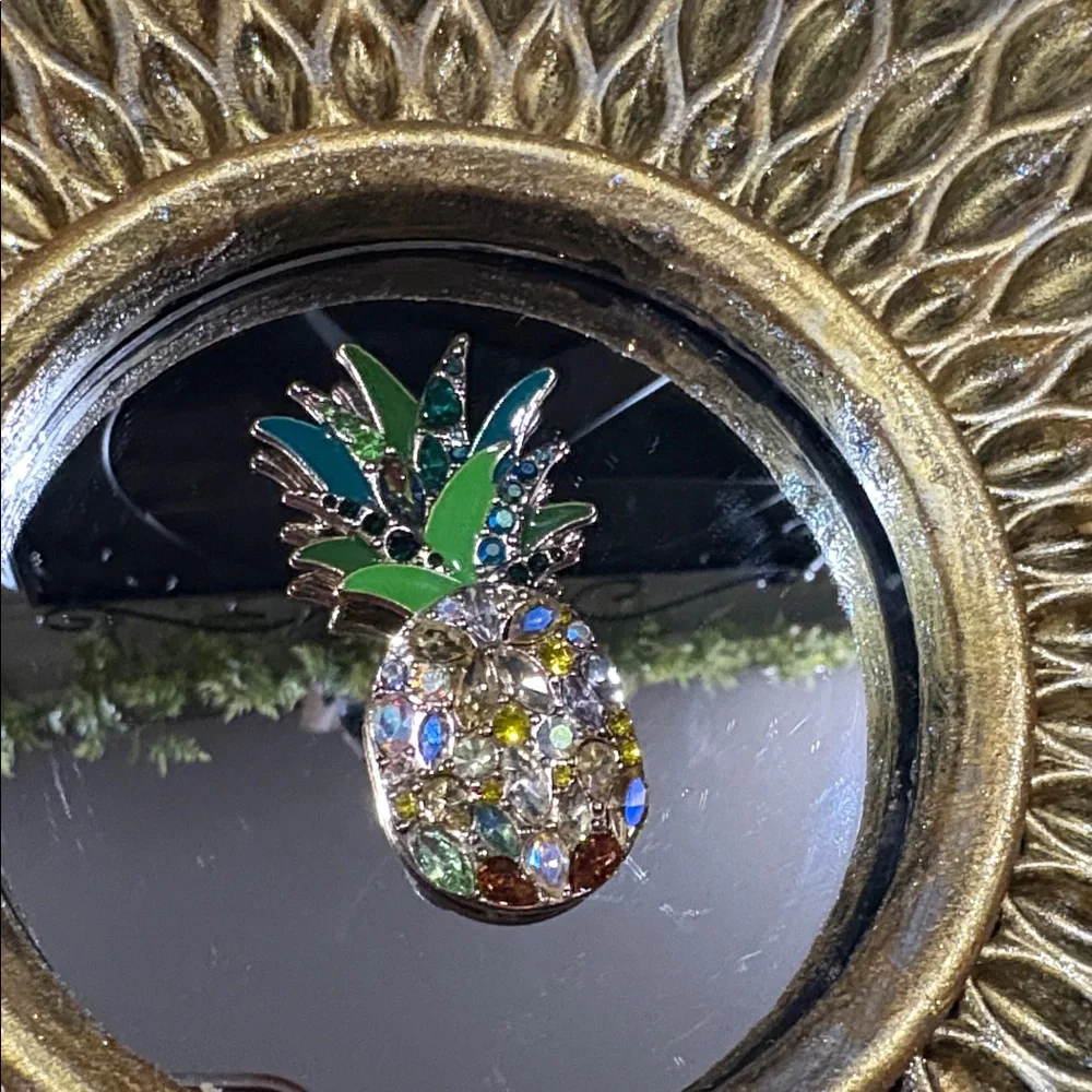 Gold Glitter Sunburst Wall Mirror with jeweled Pineapple Accent